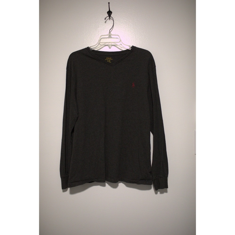 Polo Ralph Lauren Mens V-Neck Long Sleeve T-Shirt Gray Red Pony Logo Large